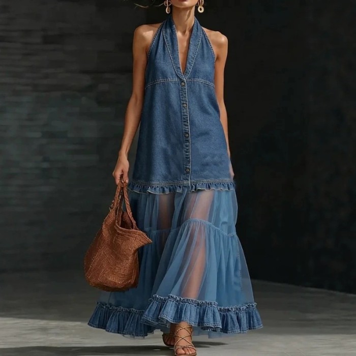 Halter Deep V Mesh Splice Denim Maxi Dress for Beach and Daily Streetwear