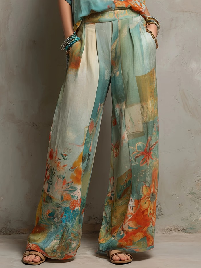 ✨Elegant Loose Floral Two Piece for Holiday & Dinner | V Neck Wide Leg Matching Outfit🌊