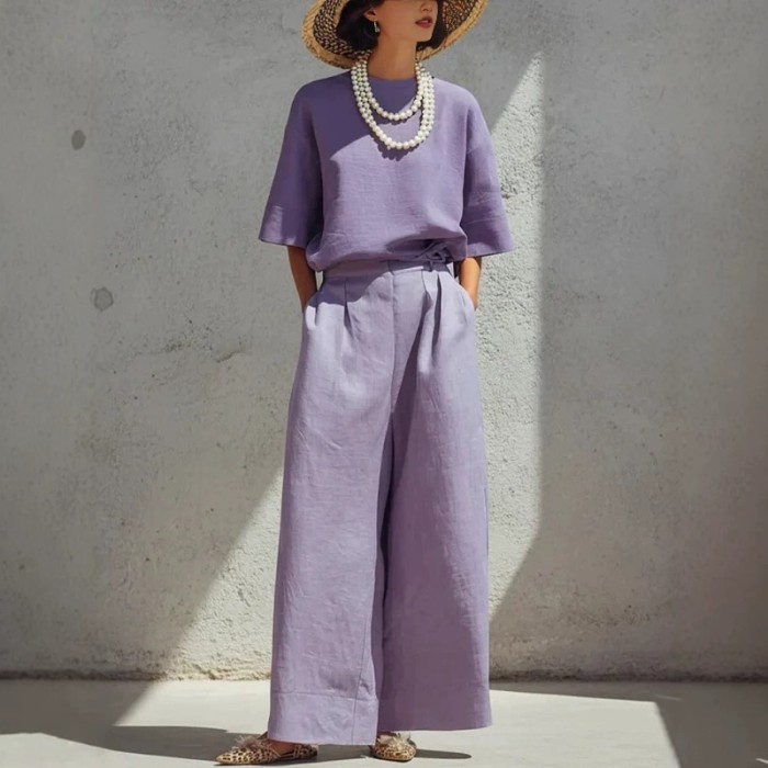 Solid Linen Two Piece Set for Daily Commute and Summer Brunch