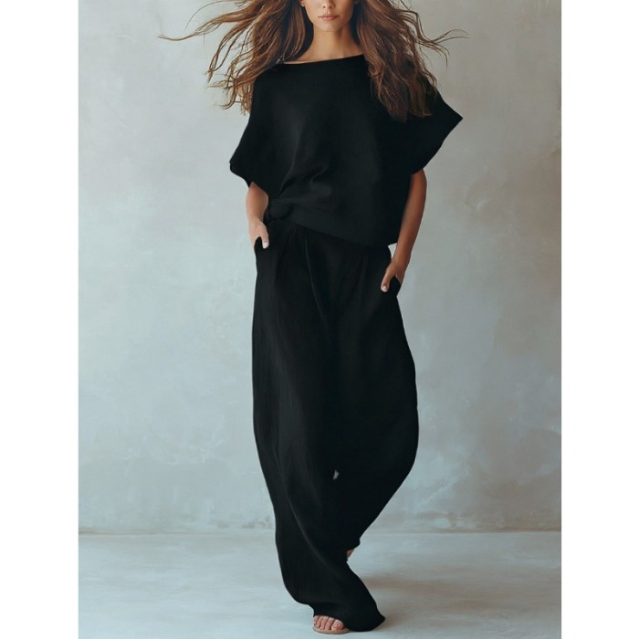 🤎Solid Linen Matching Set | Holiday & Daily Casual | Batwing Sleeve Wide Leg Pants