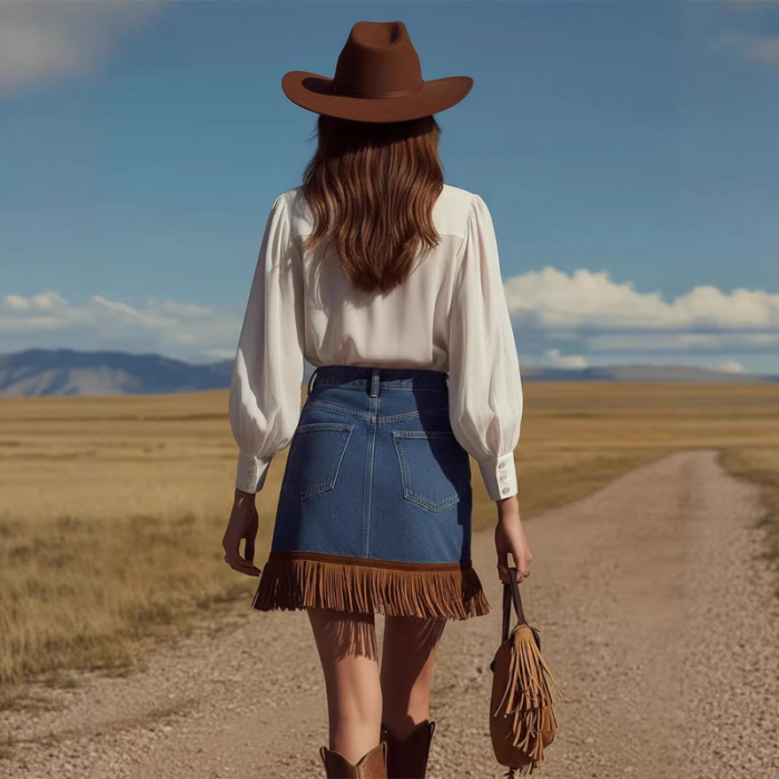 🌼High Waist Pocket Denim Mini Skirt for Date & Weekend | Western Cowgirl Fringe Design🤍