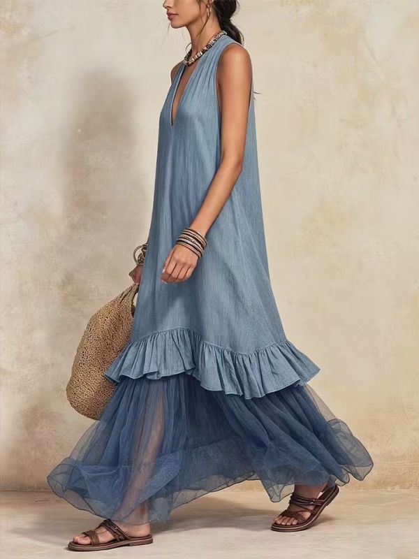 🤎Summer Gauze Splice Linen Cotton Dress for Dating & Holiday | Loose V Neck Beach Wear✨