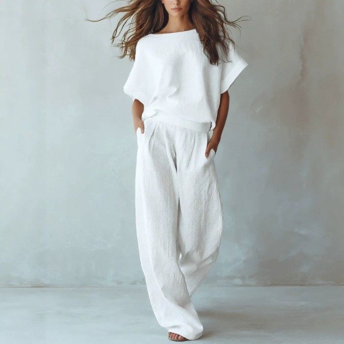🤎Solid Linen Matching Set | Holiday & Daily Casual | Batwing Sleeve Wide Leg Pants