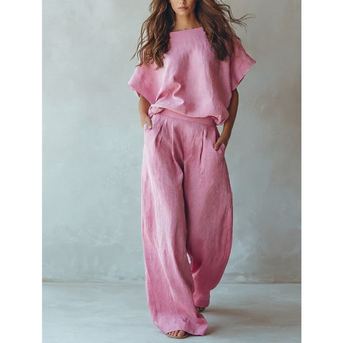 🤎Solid Linen Matching Set | Holiday & Daily Casual | Batwing Sleeve Wide Leg Pants