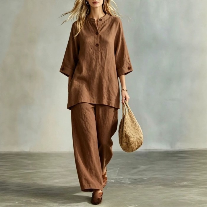 🪐Retro Loose Linen Co-ord | Date & Weekend Outing | Y2K Button Shirt Wide Leg Pants