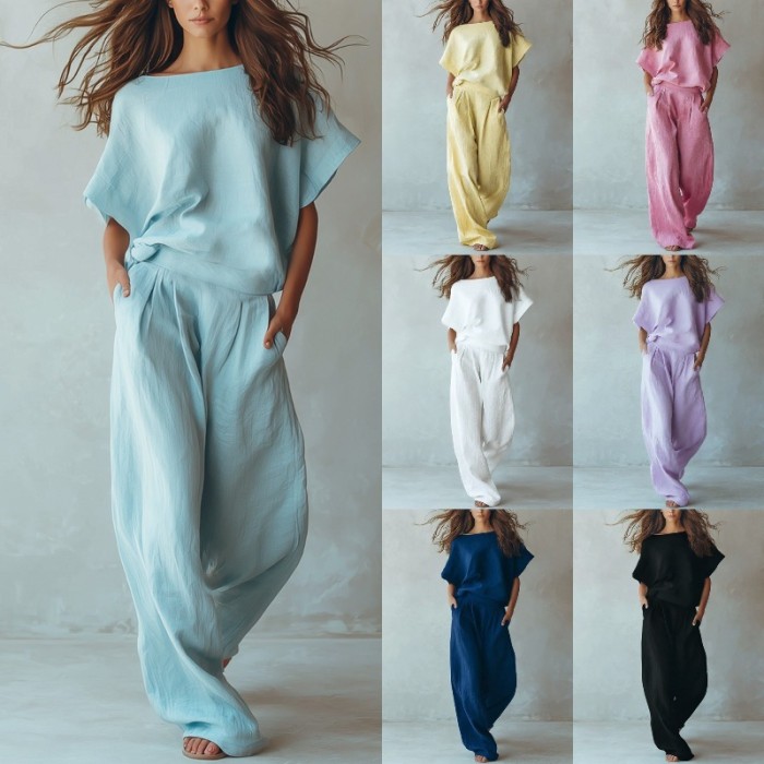 🤎Solid Linen Matching Set | Holiday & Daily Casual | Batwing Sleeve Wide Leg Pants
