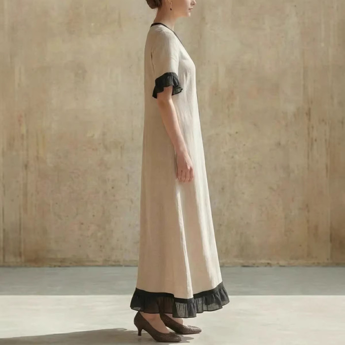 ✨Contrast Trim Loose Summer Dress for Brunch & Shopping | Short Flare Sleeve V Neck Gown🌿