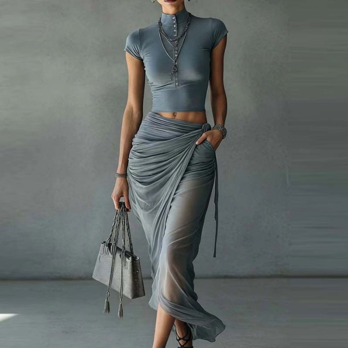 Gray High Neck Crop Top Sheer Maxi Skirt Set for Party and Evening Dating