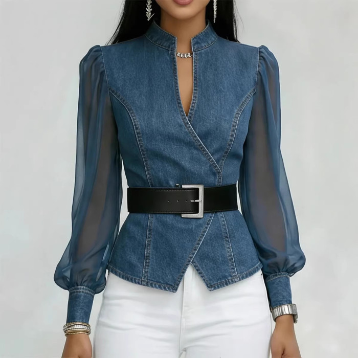 Vintage V Neck Faux Denim Blouse for Office Daily and Streetwear Look