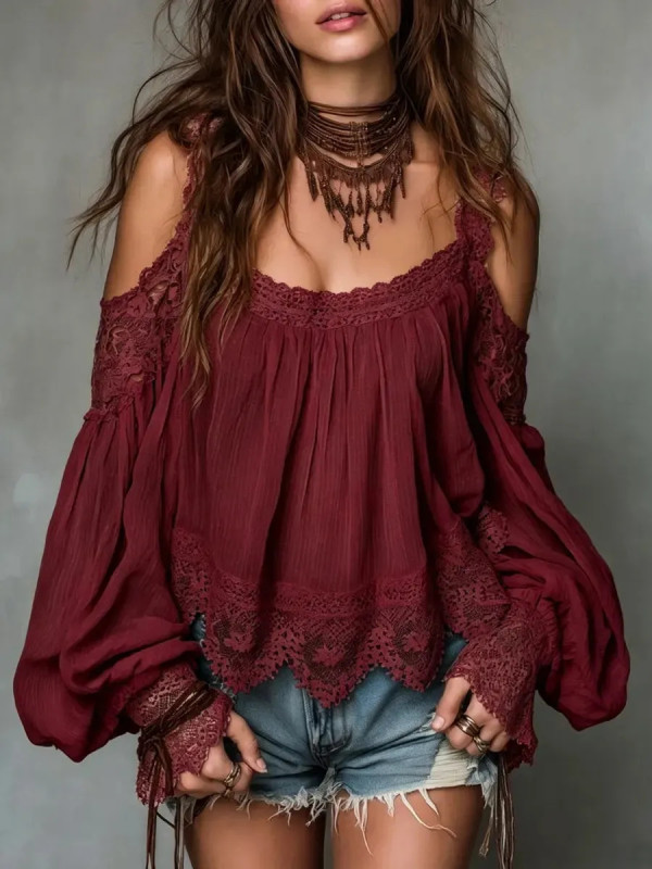 ✨Hollow Lace Trim Boho Shirt for Brunch & Streetwear | Off Shoulder Lantern Sleeve Blouse🌿