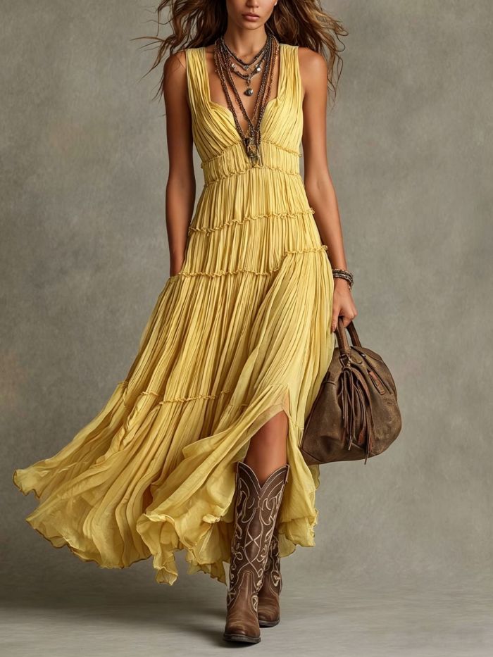 🤍Deep V Tiered Pleated Maxi Dress for Beach & Vacation | Sleeveless Boho Swing Gown✨