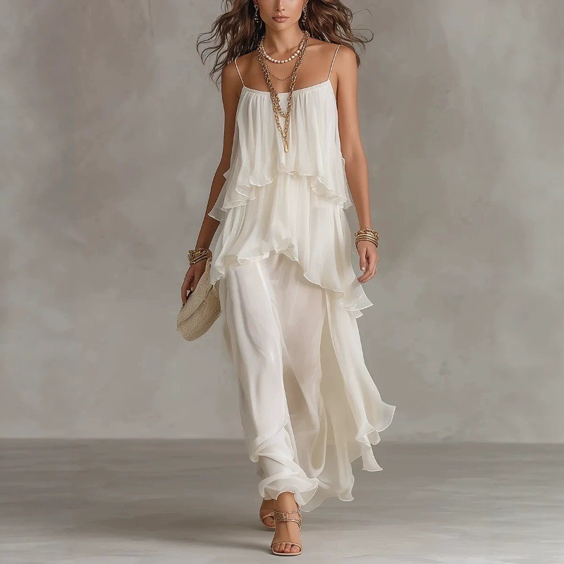 ✨Spaghetti Strap Chiffon Maxi Dress | Beach & Date Night | Ruffle Irregular Hem Sundress