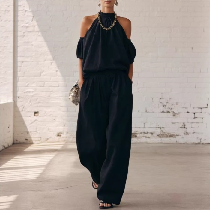 🤍Elegant Loose Two Piece Outfit | Vacation & Streetwear | Halter Off Shoulder Top Trousers