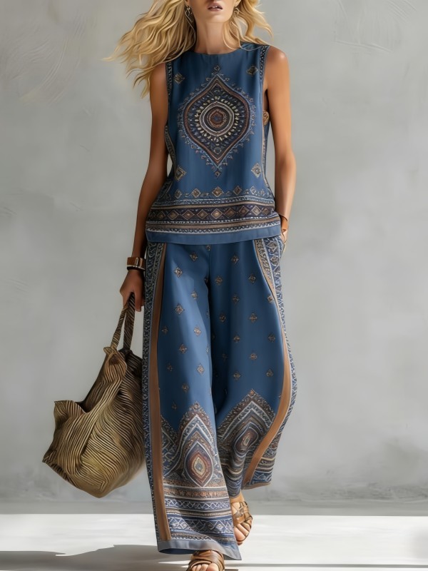🤍Retro Print Two Piece Set for Daily & Vacation | Sleeveless Vest + Pocket Wide Leg Pants✨
