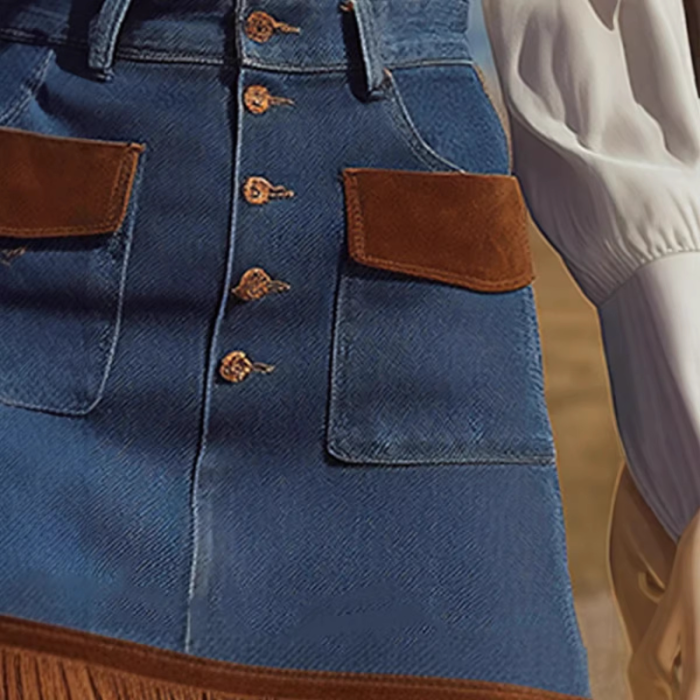 🌼High Waist Pocket Denim Mini Skirt for Date & Weekend | Western Cowgirl Fringe Design🤍