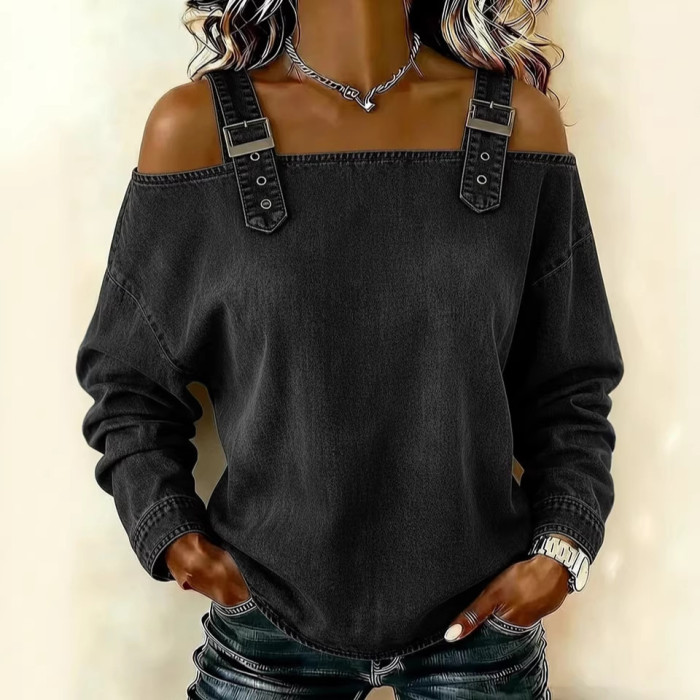 Off Shoulder Backless Denim Top for Streetwear and Casual Work Occasions