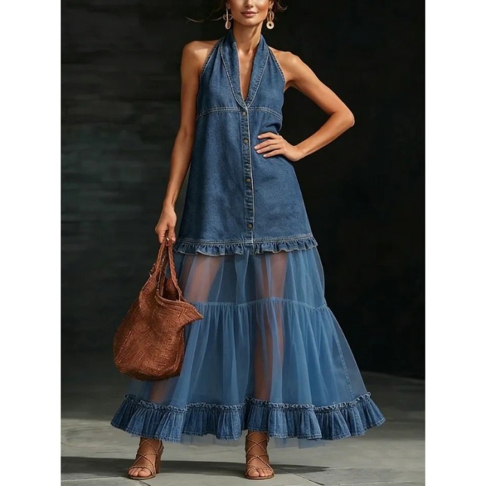 Halter Deep V Mesh Splice Denim Maxi Dress for Beach and Daily Streetwear