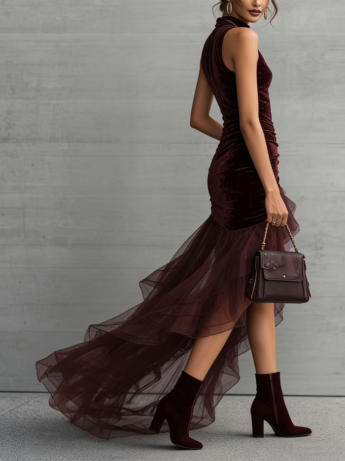 🤎Retro Mesh Velvet Maxi Dress for Holiday & Cocktail | Slim Half High Collar Party Outfit✨