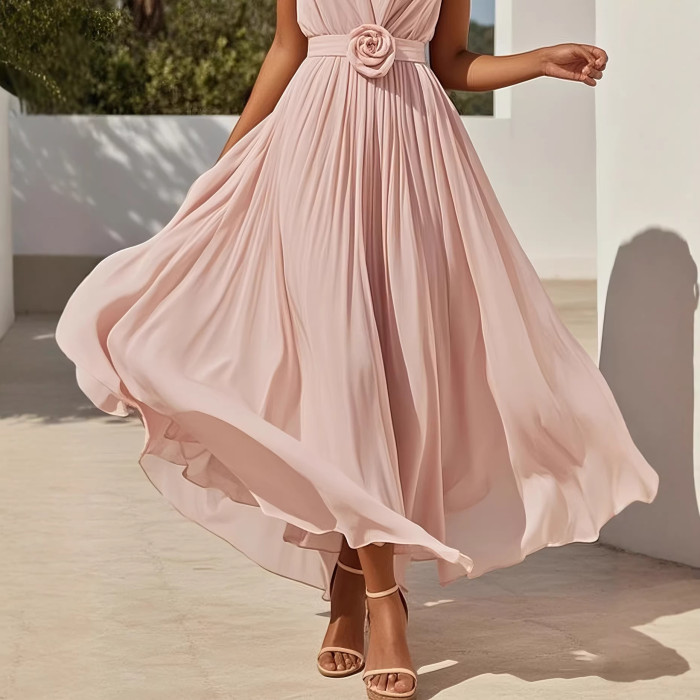 🤎Elegant Sleeveless Chiffon Maxi Dress for Wedding & Ceremony | Pleated Floral Waist Design✨