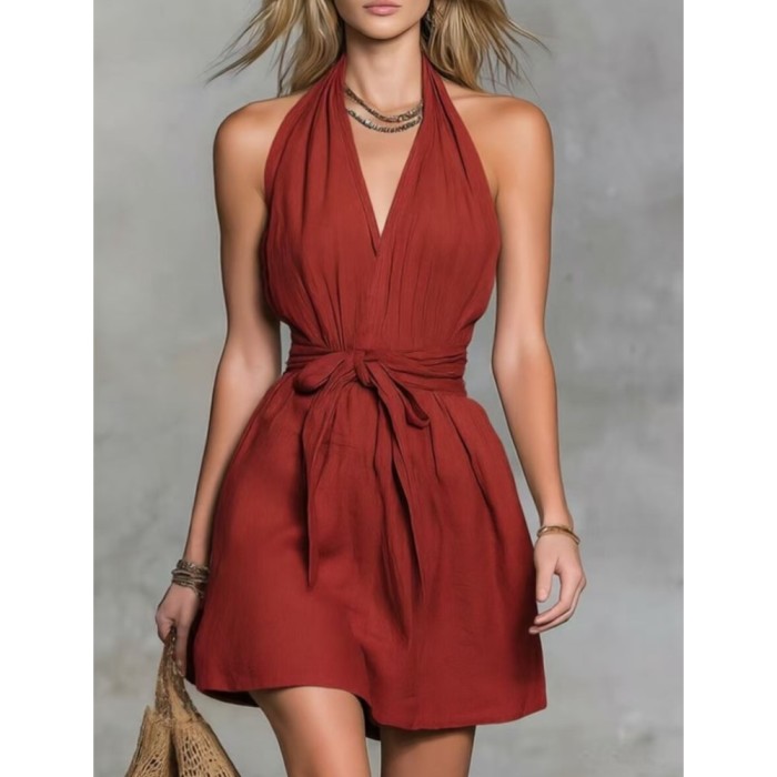 🤍V Neck Lace-Up Backless Mini Dress for Beach & Vacation | Sleeveless Slim Summer Sundress✨