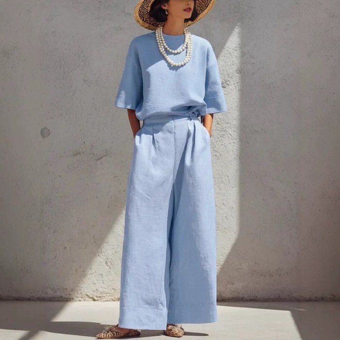 Solid Linen Two Piece Set for Daily Commute and Summer Brunch