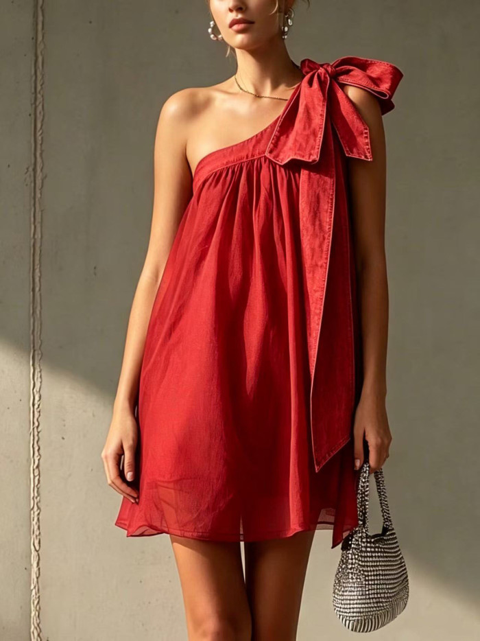 🌼Solid One Shoulder Chiffon Mini Dress for Dinner & Weekend | Lace-Up Bow Backless Design🤎