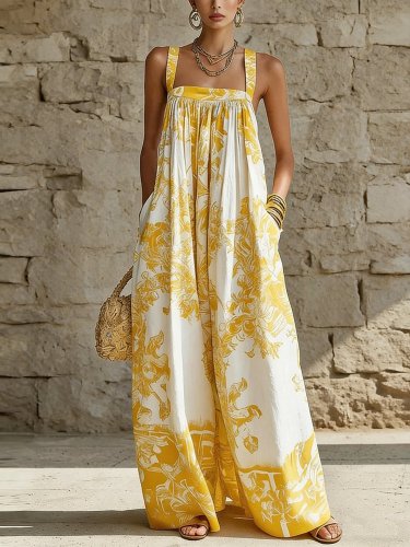 ✨Flower Print Sleeveless Jumpsuit for Beach & Dating | Spaghetti Neck Pleated Pocket Design🌿