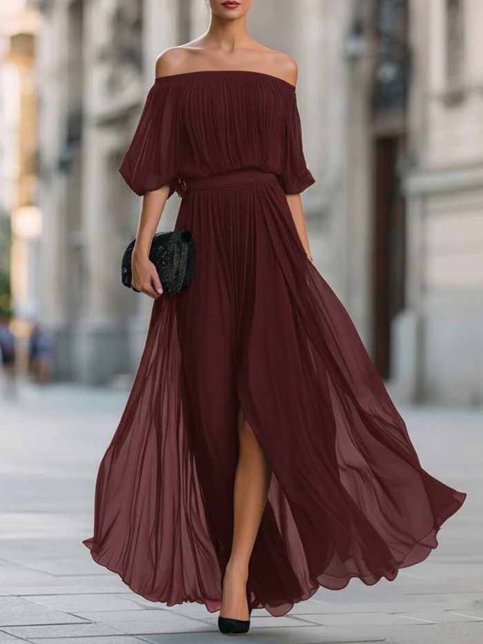 🌼Sexy Off Shoulder Evening Gown for Date & Event | Ruched Slit Flowy Chiffon Design🤎
