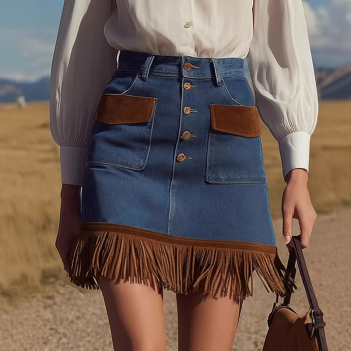 🌼High Waist Pocket Denim Mini Skirt for Date & Weekend | Western Cowgirl Fringe Design🤍