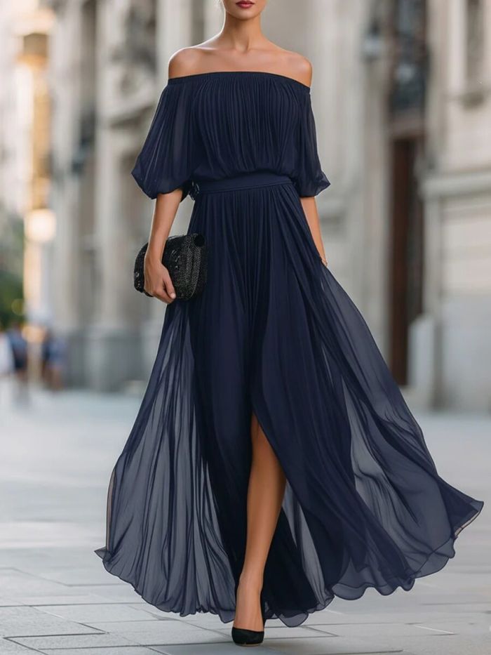 🌼Sexy Off Shoulder Evening Gown for Date & Event | Ruched Slit Flowy Chiffon Design🤎