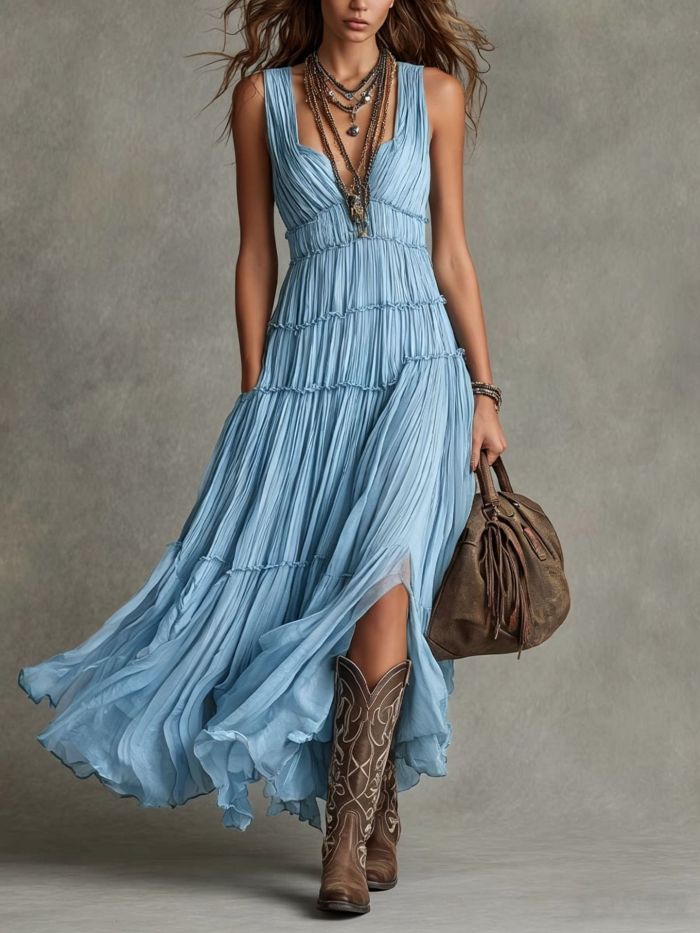 🤍Deep V Tiered Pleated Maxi Dress for Beach & Vacation | Sleeveless Boho Swing Gown✨