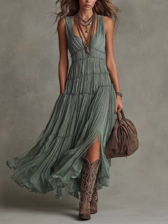 🤍Deep V Tiered Pleated Maxi Dress for Beach & Vacation | Sleeveless Boho Swing Gown✨