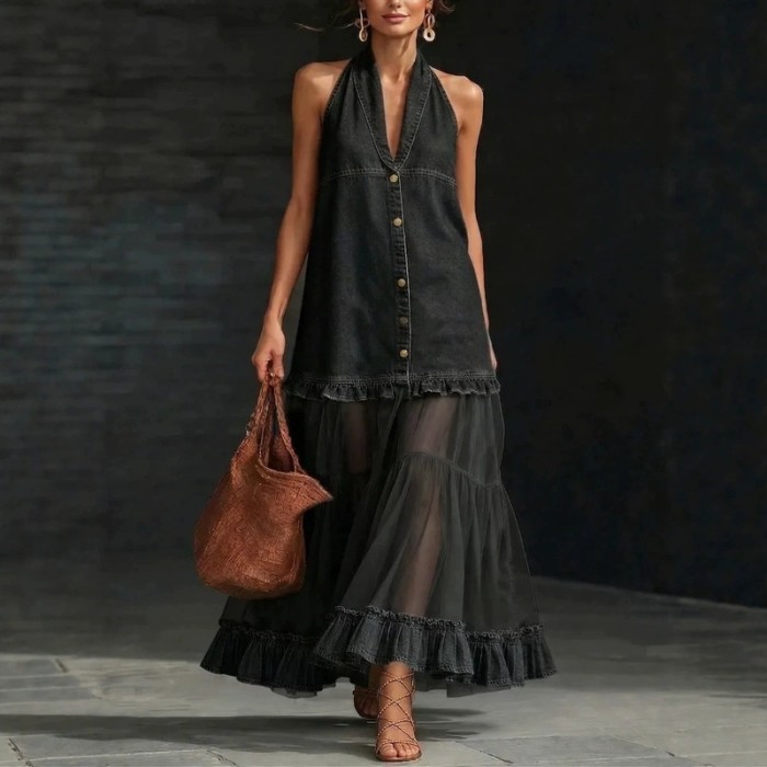 Halter Deep V Mesh Splice Denim Maxi Dress for Beach and Daily Streetwear