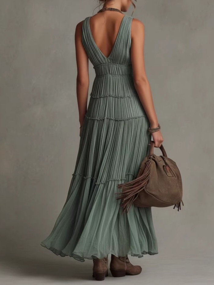 🤍Deep V Tiered Pleated Maxi Dress for Beach & Vacation | Sleeveless Boho Swing Gown✨