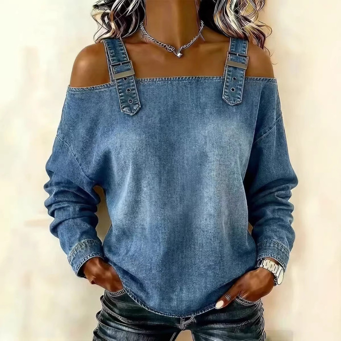 Off Shoulder Backless Denim Top for Streetwear and Casual Work Occasions