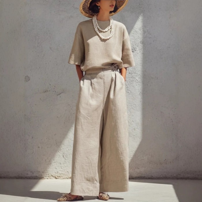 Solid Linen Two Piece Set for Daily Commute and Summer Brunch