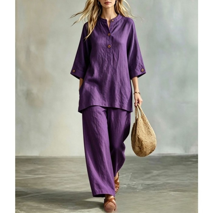 🪐Retro Loose Linen Co-ord | Date & Weekend Outing | Y2K Button Shirt Wide Leg Pants