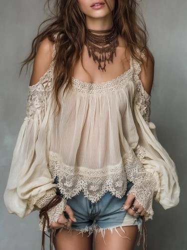 ✨Hollow Lace Trim Boho Shirt for Brunch & Streetwear | Off Shoulder Lantern Sleeve Blouse🌿