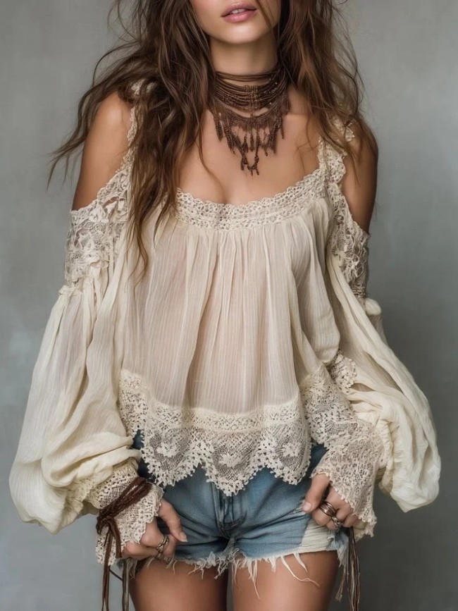 ✨Hollow Lace Trim Boho Shirt for Brunch & Streetwear | Off Shoulder Lantern Sleeve Blouse🌿