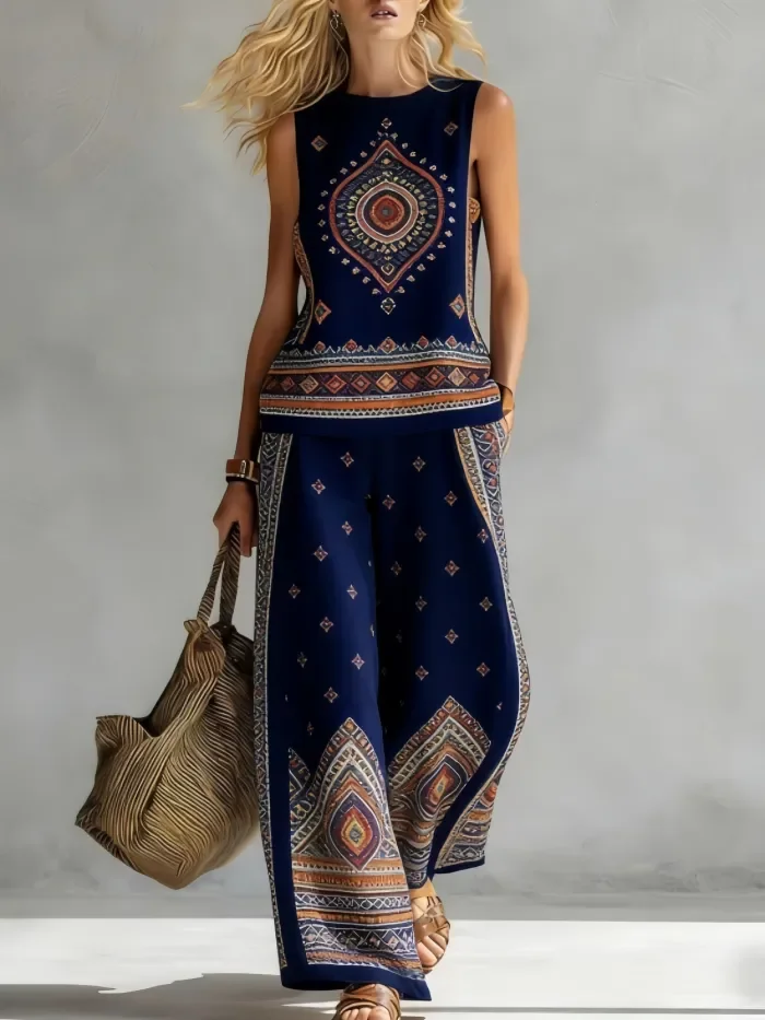 🤍Retro Print Two Piece Set for Daily & Vacation | Sleeveless Vest + Pocket Wide Leg Pants✨