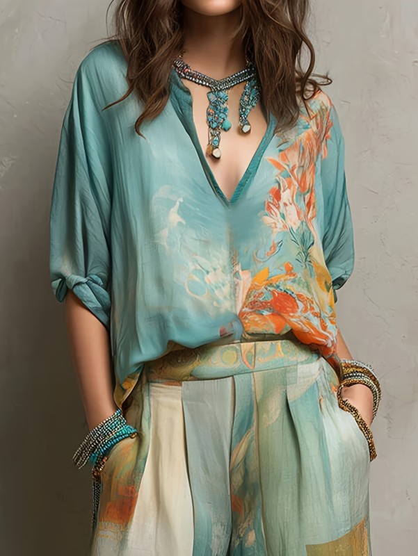 ✨Elegant Loose Floral Two Piece for Holiday & Dinner | V Neck Wide Leg Matching Outfit🌊