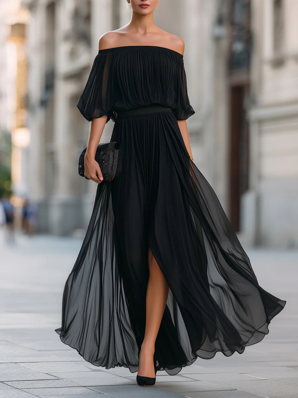 🌼Sexy Off Shoulder Evening Gown for Date & Event | Ruched Slit Flowy Chiffon Design🤎