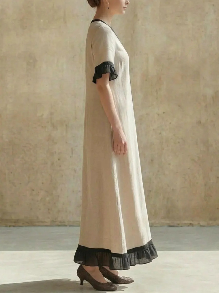 ✨Contrast Trim Loose Summer Dress for Brunch & Shopping | Short Flare Sleeve V Neck Gown🌿