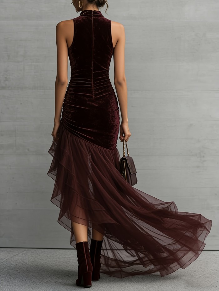 🤎Retro Mesh Velvet Maxi Dress for Holiday & Cocktail | Slim Half High Collar Party Outfit✨