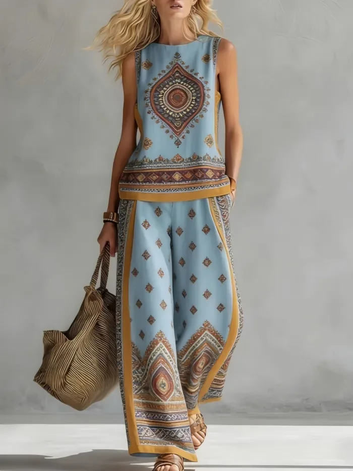 🤍Retro Print Two Piece Set for Daily & Vacation | Sleeveless Vest + Pocket Wide Leg Pants✨