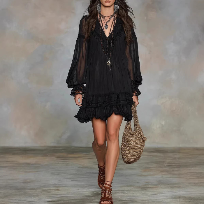 🤍V Neck Lace Ruffle Mini Dress for Party & Dating | Elegant Spring Women Outfit✨