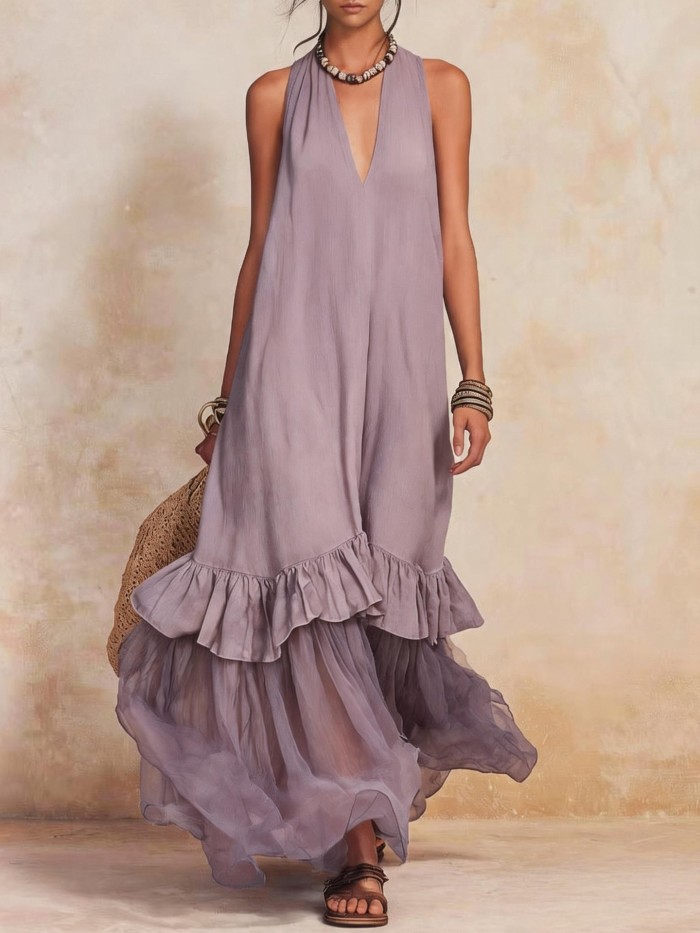 🤎Summer Gauze Splice Linen Cotton Dress for Dating & Holiday | Loose V Neck Beach Wear✨