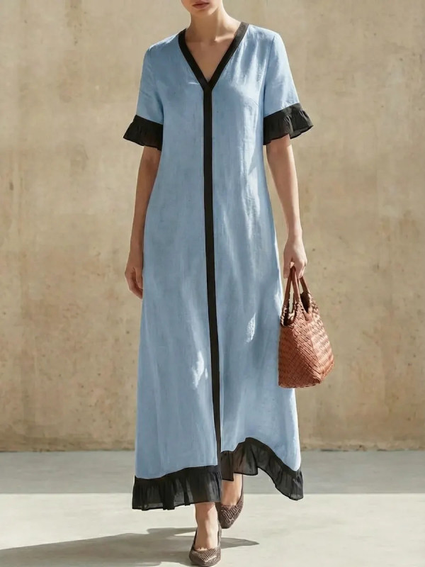 ✨Contrast Trim Loose Summer Dress for Brunch & Shopping | Short Flare Sleeve V Neck Gown🌿