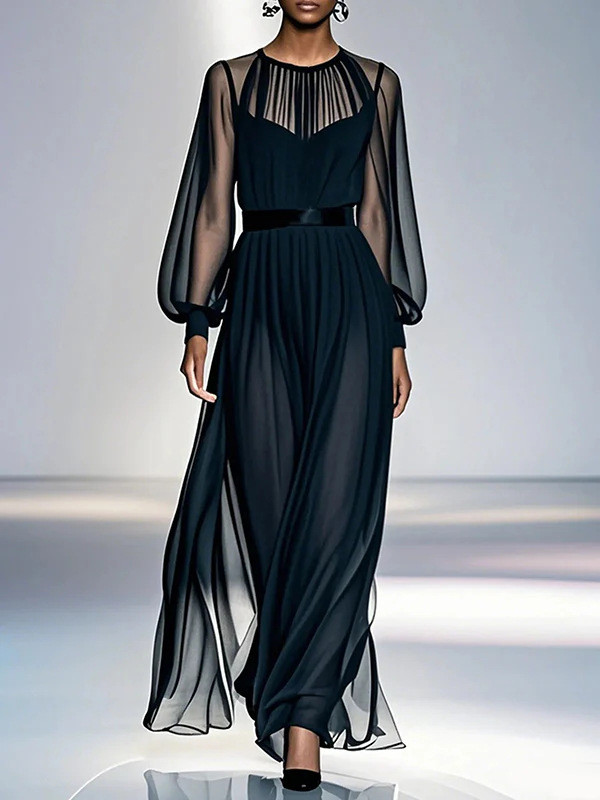 🌼Elegant Mesh Splicing Long Dress for Dinner & Weekend Event | Figure-Flattering Waist Design🤎