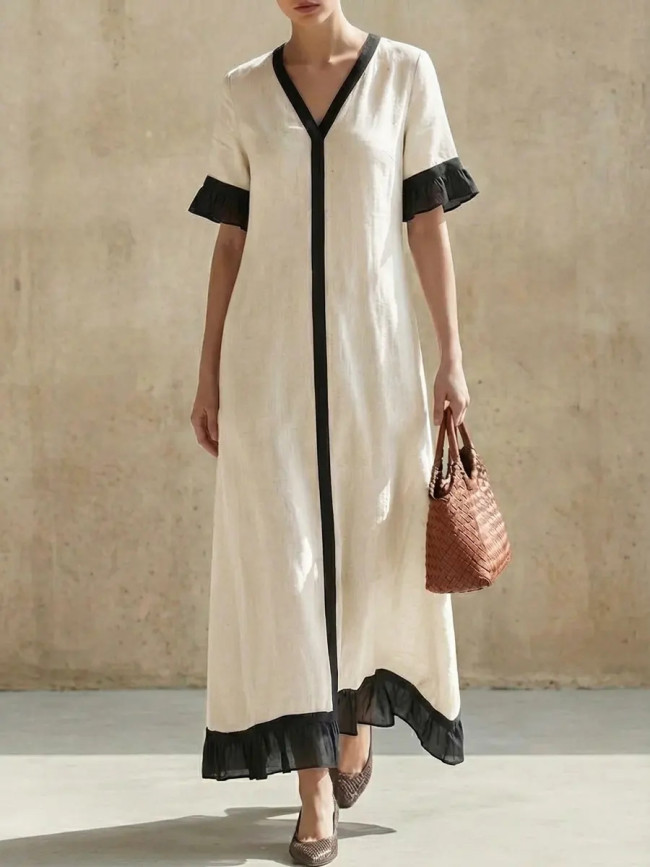 ✨Contrast Trim Loose Summer Dress for Brunch & Shopping | Short Flare Sleeve V Neck Gown🌿